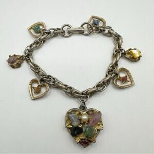 B.S.K. Retro 50s Signed BSK Rhinestones Gold Silver Tone Charm Bracelet Heart